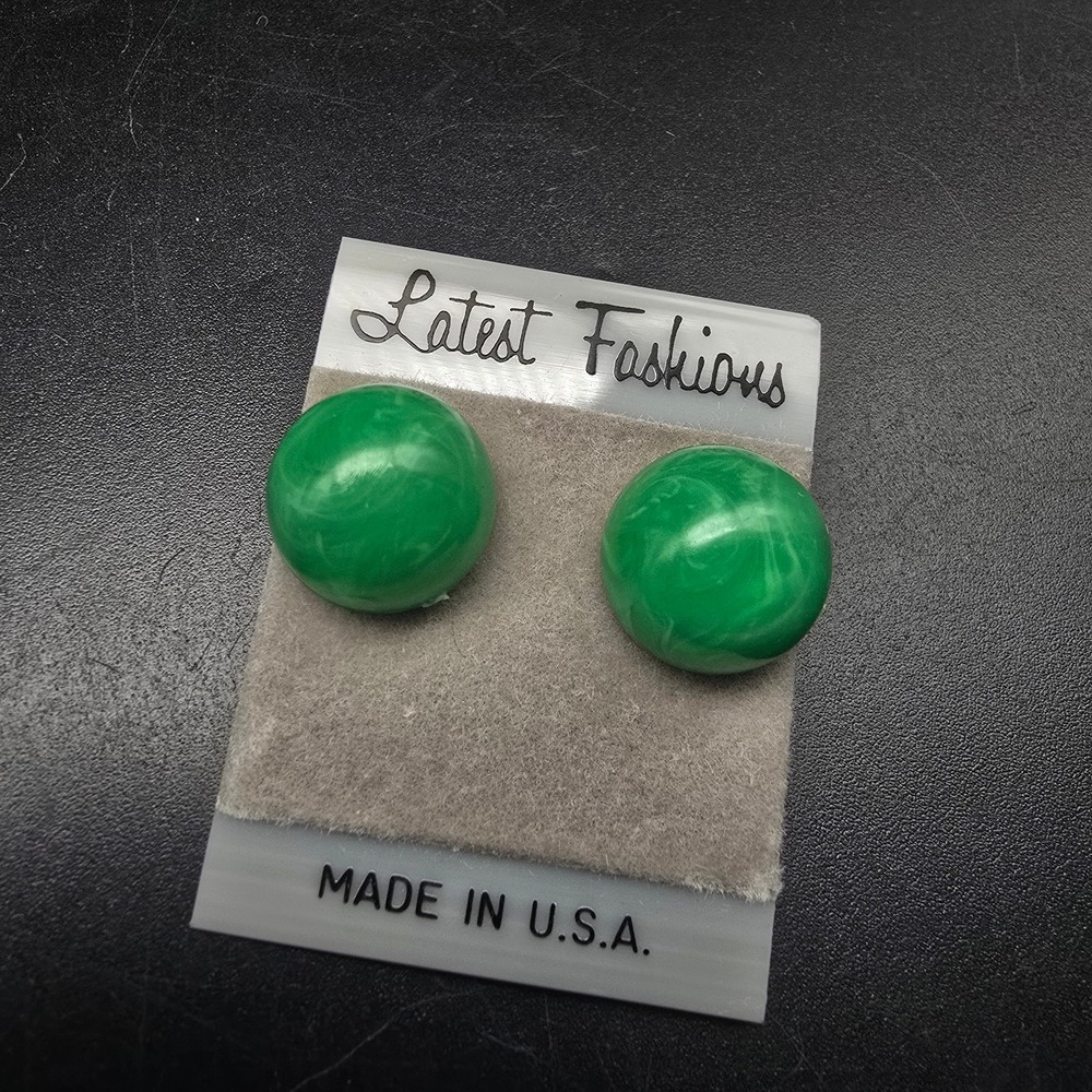 Green Marbled Acrylic Button Earrings Pierced Studs Vintage 1980s Jewelry
